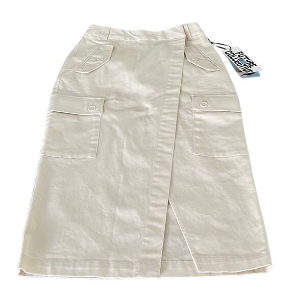 Future Collective Reese Blutstein Skirt NWT 0 Ivory Cargo Wrap Asymmetrical Midi - Picture 1 of 11